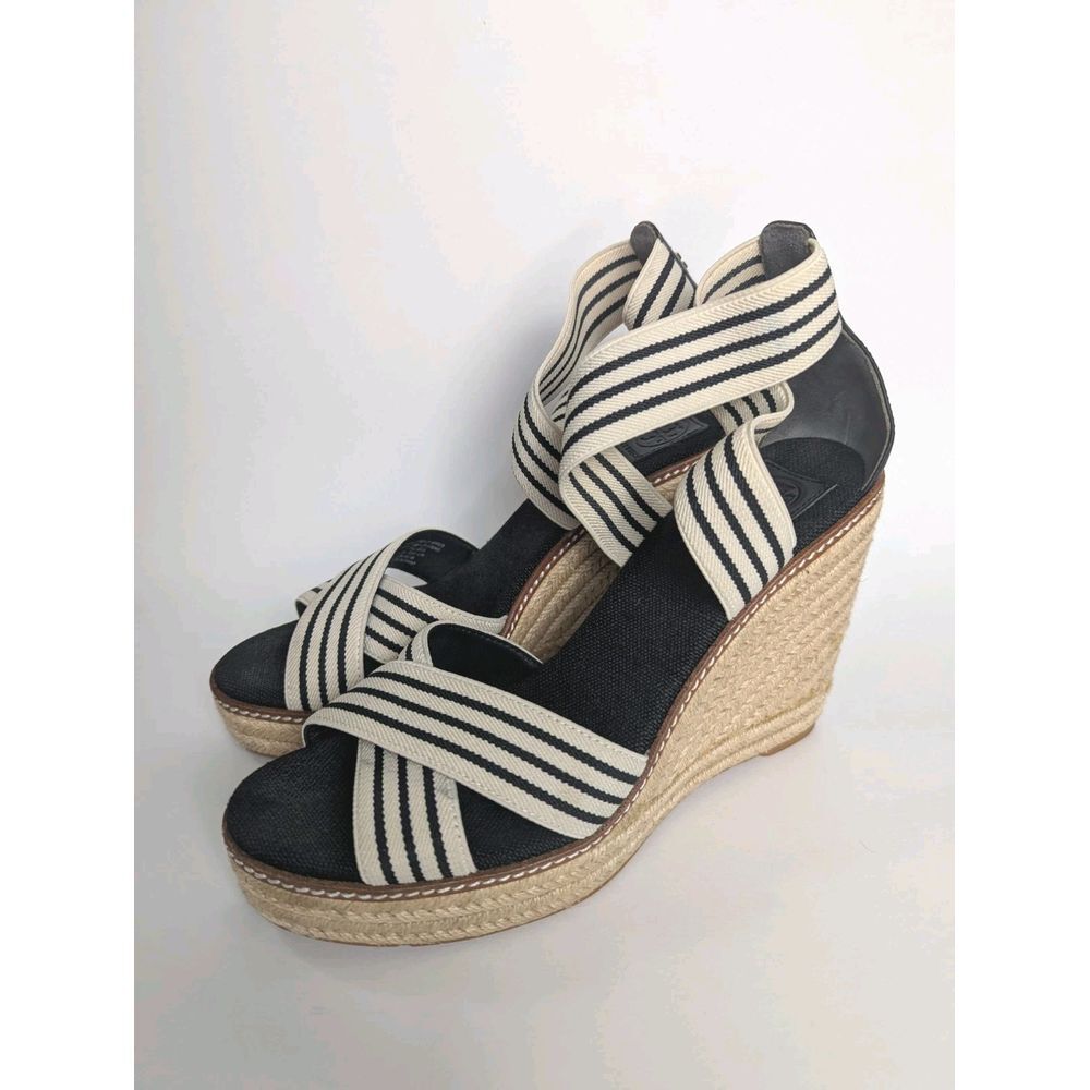 Tory Burch Navy and Cream Striped Wedge Sandals